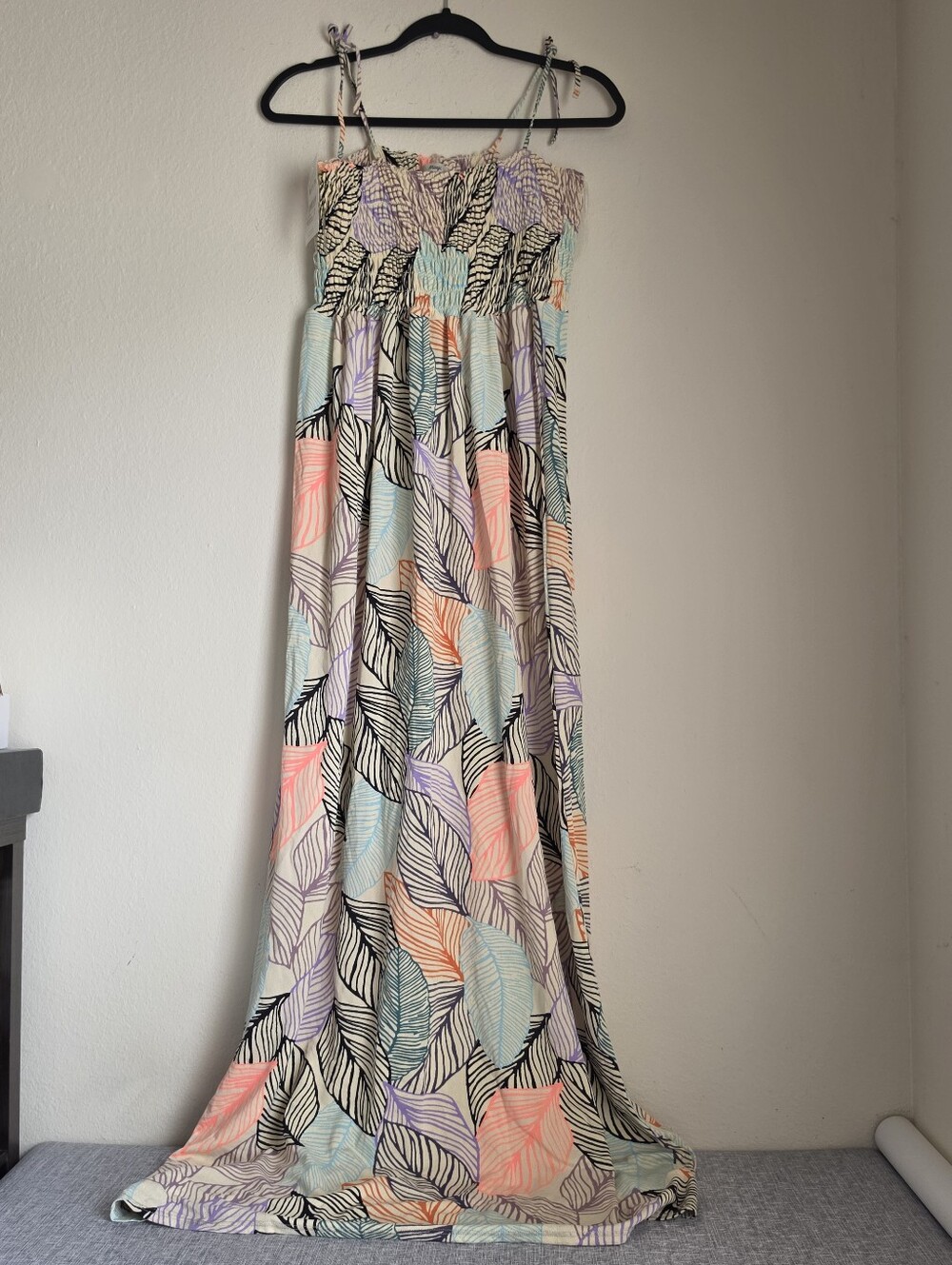 Maaji Long Smocked Maxi Dress Colorful Leaves Tropical Beach Size Medium